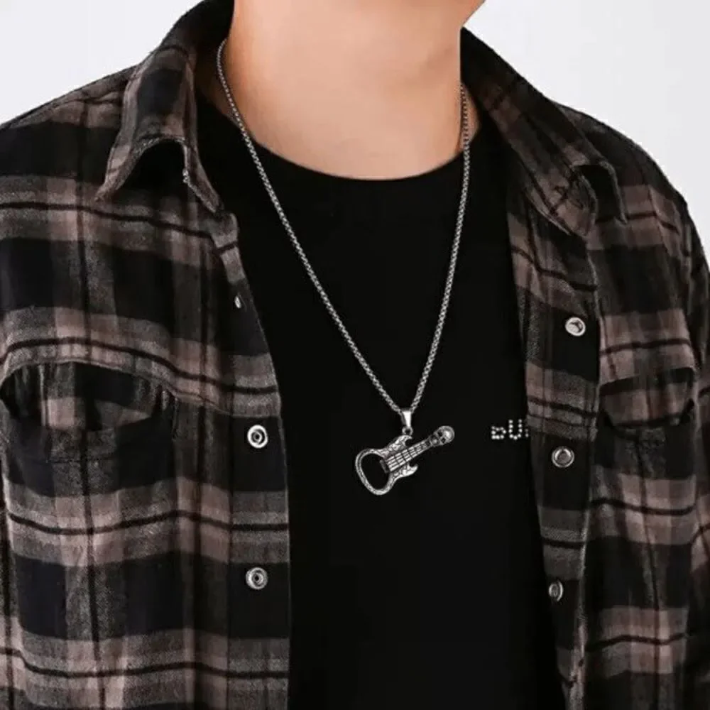 SILVER SKULL GUITAR BOTTLE OPENER NECKLACE